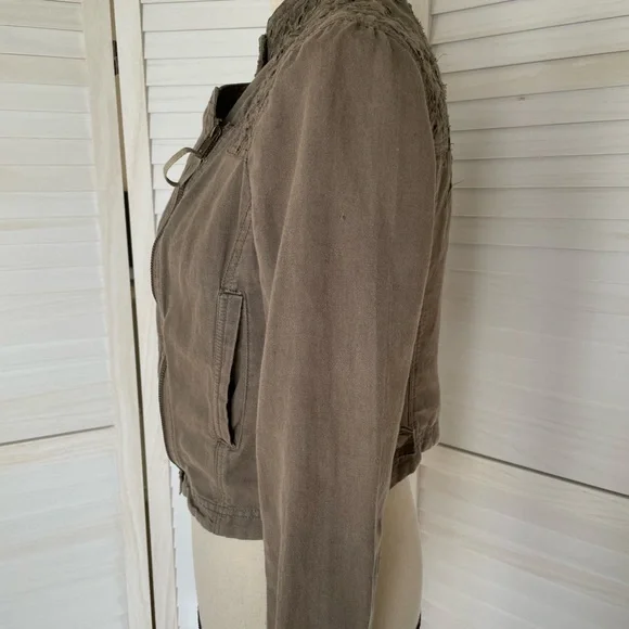 Free People Sz 4 Linen Cotton Eyelet Moto Jacket Olive Green Zip - Picture 7 of 13